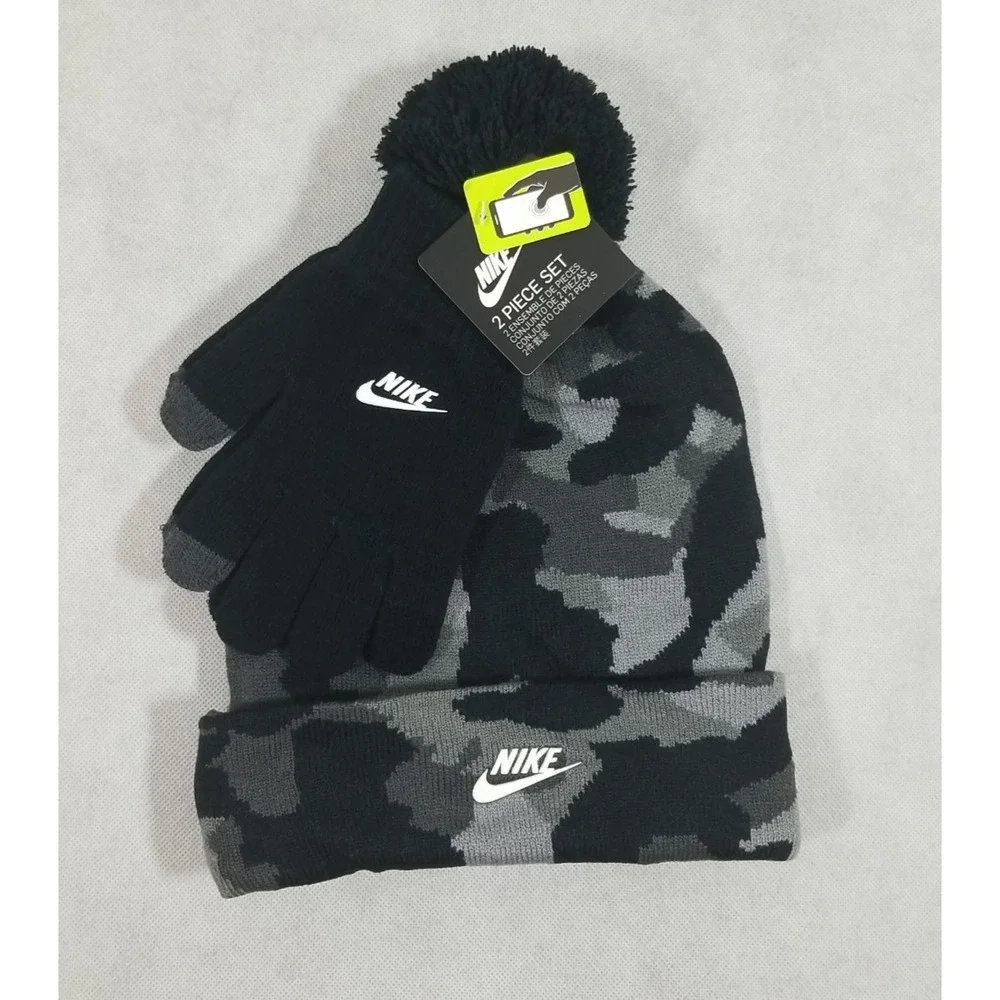 Nike Big Boys Futura Camouflage Knit Beanie and Gloves‎ 2 pc Set Black NWT